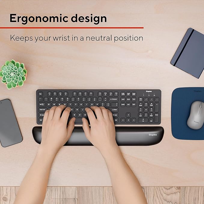 STAPLES Gel Keyboard Wrist Rest Ergonomic Non‑Slip Wrist Support Cushion for Comfortable Typing Durable Gel‑Filled Design Black Crystal