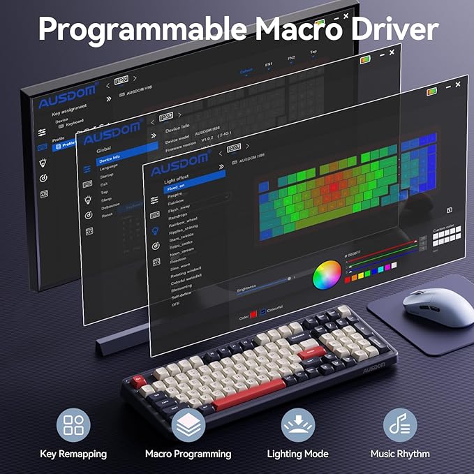 AUSDOM Wireless Bluetooth Mechanical Keyboard BT5.3/Type-C/2.4G Tri-Mode Hot swappable Custom Gaming Keyboards Gasket RGB Numpad Blue Computer Keyboard for Mac/Win/Office 98 Keys(Click Sound)