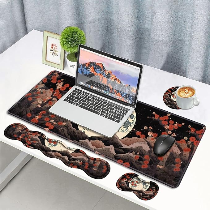 4 in 1 Ergonomic Memory Foam Mouse Pad Wrist Rest Set Large XXL Gaming Desk Pad + Keyboard Wrist Rest + Mouse Wrist Cushion + Coaster for Home Office Study Gaming Moon Peak Flowers