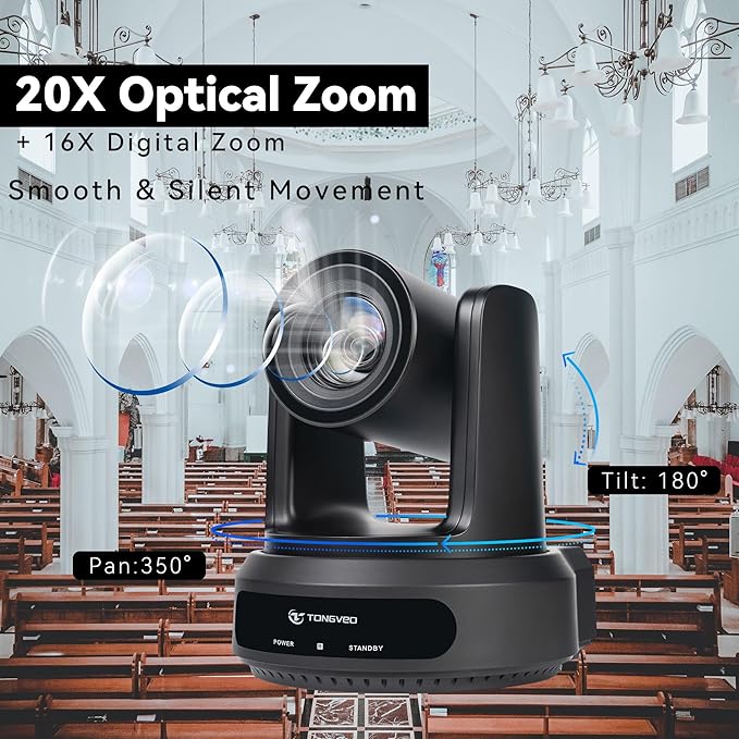 TONGVEO AI Auto-Tracking PTZ Camera: 20X Optical Zoom 1080P 60fps HDMI SDI USB PoE Video Camera for Church Worship Live Streaming Conference Room Webcam for OBS