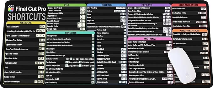 Final Cut Pro Shortcuts Cheat Sheet Mouse Mat KMH Mouse Pad for Mac Users Editors Creators Large Desk Mat Producer Mousepad Essential Computer Accessories for Study Work and Reference Purposes