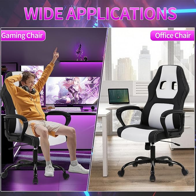 Gaming Chair Office Chair Adjustable Ergonomic High Back Massage Computer Desk Chairs with Lumbar Support PU Leather Racing Chairs Rolling Swivel for Adult &amp TeenWhite