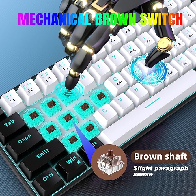 Snpurdiri 60% Wired Mechanical Gaming Keyboard Ice Blue LED Backlit 61 Keys Mini Wired Office Keyboard for Windows Laptop PC Mac (Black-White Brown Switches)