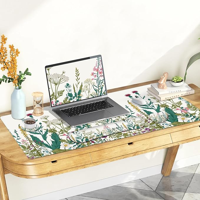 Desk Mat Pad Gaming Mouse Pad Wrist Support Set 4 in1 Non-Slip XXL Large Mousepad + Ergonomic Keyboard Wrist Rest+Mouse Wrist Rest+Coaster for Home Office Computer I Vintage Wildflower Garden