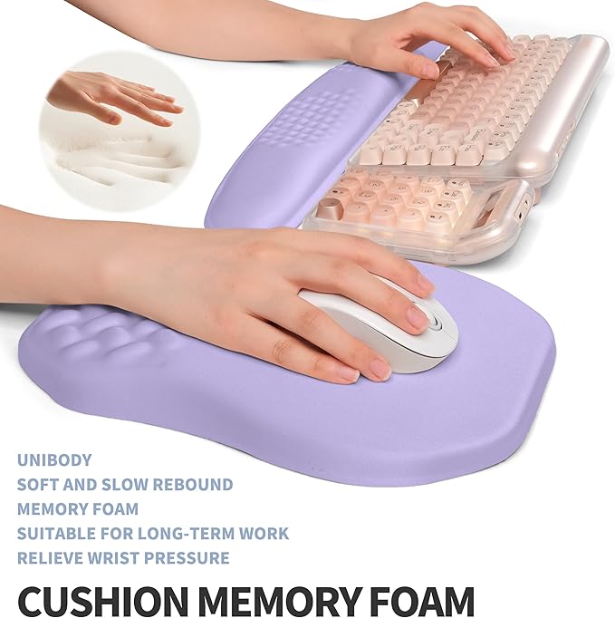 2-in-1 Ergonomic Set Wave Keyboard Wrist Rest and Massage Slope Mouse Pad Wrist Support Rebound Memory Foam for Relieve Carpal Tunnel Syndrome and Wrist Pain (Lavender Purple)