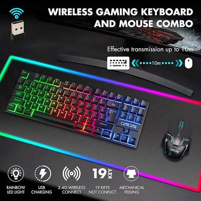 CHONCHOW Wireless Gaming Keyboard and Mouse Combo Rechargeable 87 Key LED Light Up Keyboard Ergonomic Gaming Mouse Backlit Wireless Mouse and Keyboard for Xbox PS4 PS4 PC Laptop