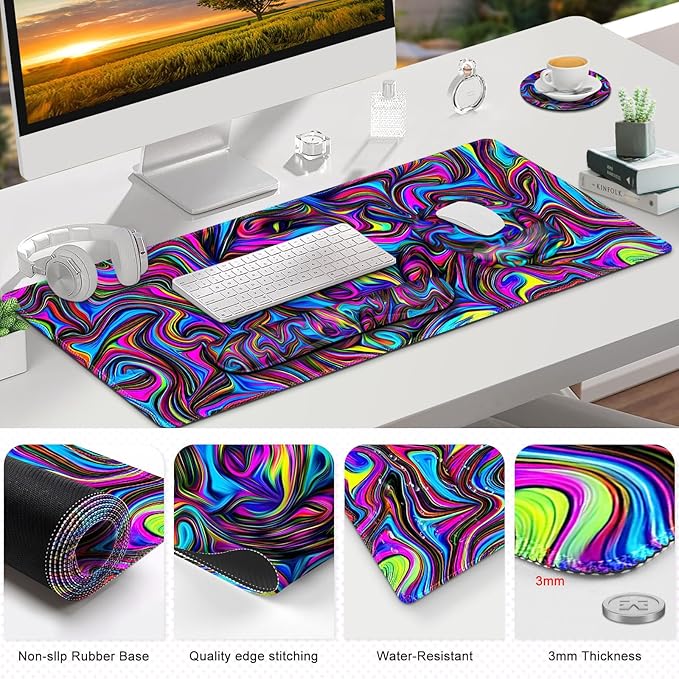 Gaming Mouse Pad Large Desk Mat Cute Desk Pad Protector 4in1 XXL Mousepad + Keyboard Wrist Rest+Mouse Wrist Rest+Coaster Set with Ergonomic Desk Pad for Home Office Computer Dazzling Bright Color