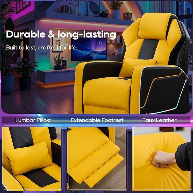 TUNYI Gaming Recliner Chair Racing Style Push-Back Reclining Sofa with Colorful LED Ergonomic Home Theater Seating Video Game Sofa for Gaming Room Living Room (Yellow)