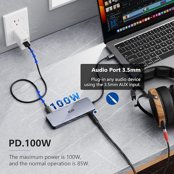ICZI USB C Hub 11 in 1 Docking Station Multiport Adapter with 1*HDMI/VGA/Ethernet SD/TF Card Reader 4*USB Port 100W PD and 3.5mm Audio Jack Compatible with MacBook Dell/HP/Lenovo Laptop Surface