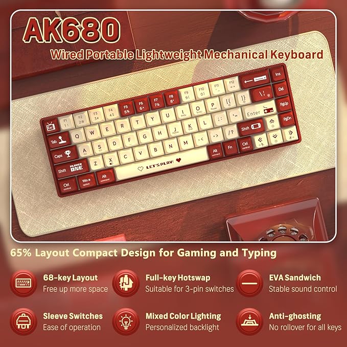 ATTACK SHARK AK680 60% Wired Mechanical Gaming KeyboardHot-SwappableRGB Rainbow BacklitUV Printing and EVA Sound ControlFully Anti-GhostingProgrammableBlue Switch for Windows/Mac Red&ampWhite