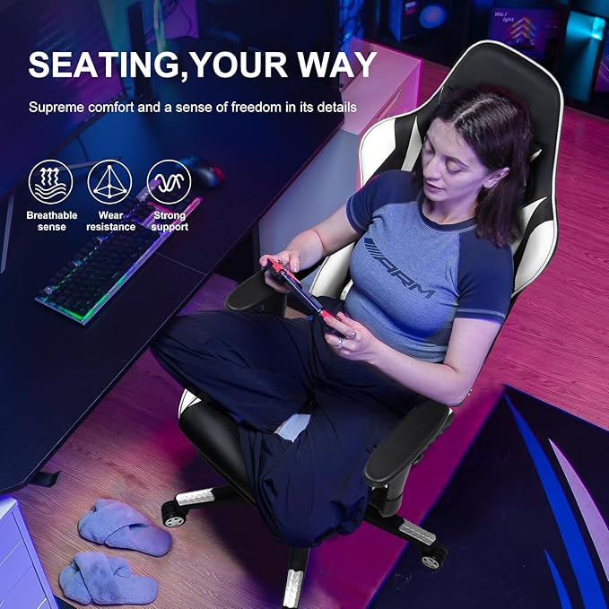 GTPLAYER Gaming Chair with Footrest Ergonomic Computer Game Desk Chair Reclining Gamer Chair Seat Height Adjustment Swivel Rocker with Headrest and Lumbar (White)