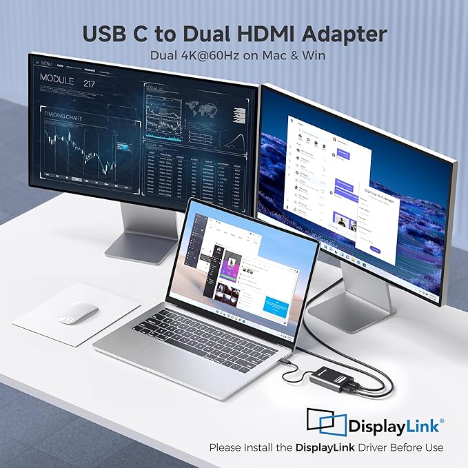 Cable Matters DisplayLink USB C to Dual HDMI Adapter Supports Dual 4K 60Hz on macOS &amp Windows USB C to HDMI Adapter for Two Extended Monitors on Mac M1/M2/M3/M4 Driver Required