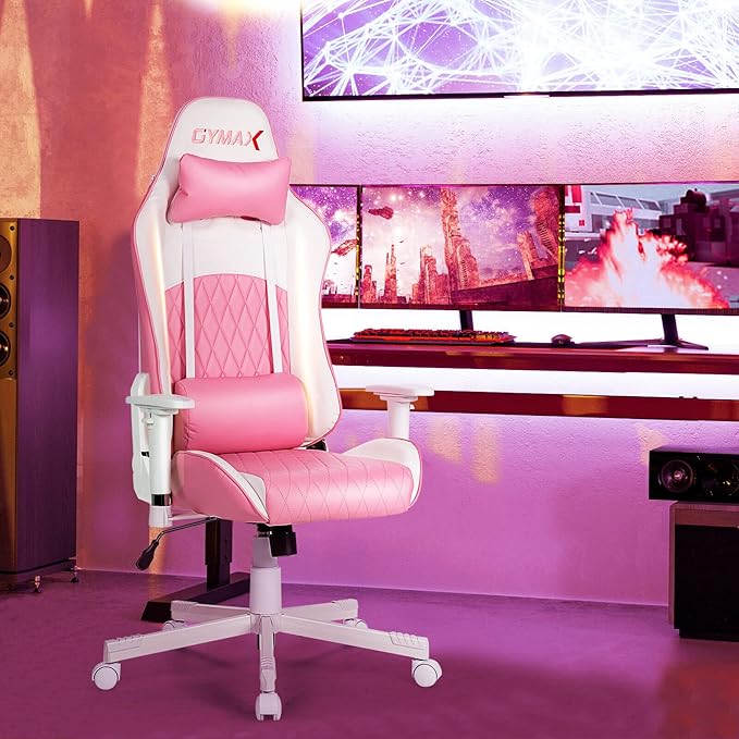 GYMAX Gaming Chair Pink Ergonomic High Back Computer Chair with Headrest &amp Lumbar Support Racing Style Desk Task Rolling Chair for Home Office Gaming Working Studying
