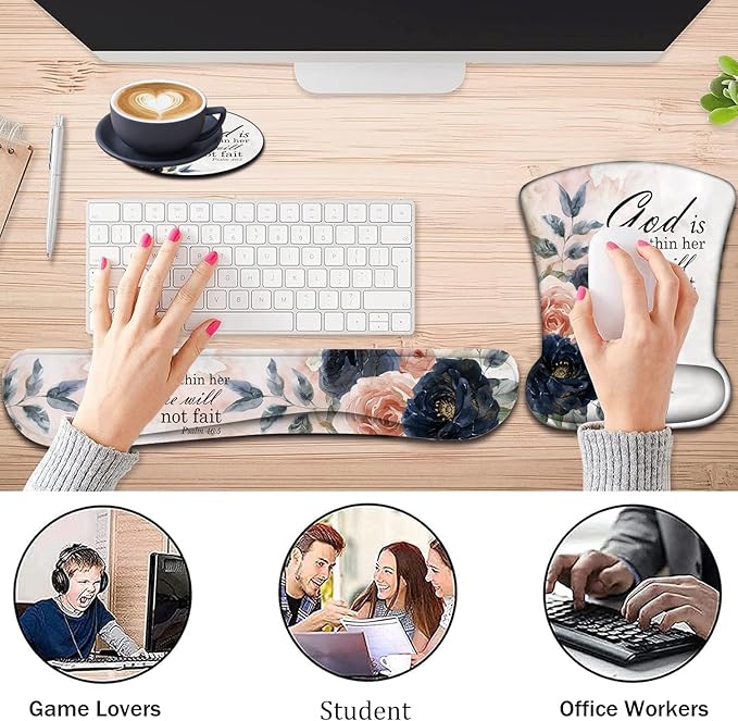 Keyboard Wrist Support + Wrist Mousepad + Coaster Combination Non-Slip PU Base with Gel Memory Mousepad Suitable for Gaming Office Pain Relief Mousepad Set - Psalm 46:5 Floral