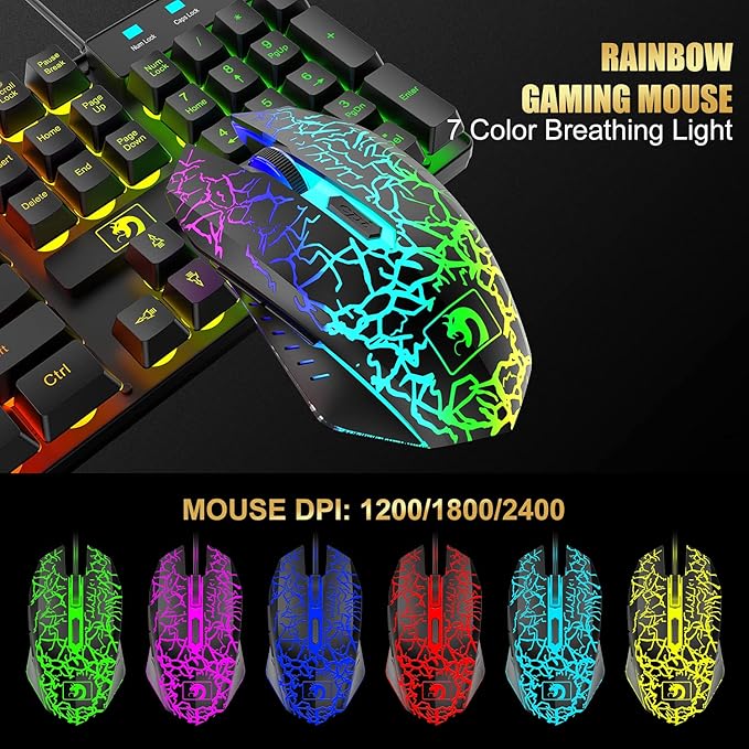 Wired Gaming Keyboard and Mouse Headset ComboRainbow LED Backlit Wired KeyboardOver Ear Headphone with MicRainbow Backlit Gaming MiceMouse Padfor PCLaptopMacPS4Xbox(Black)