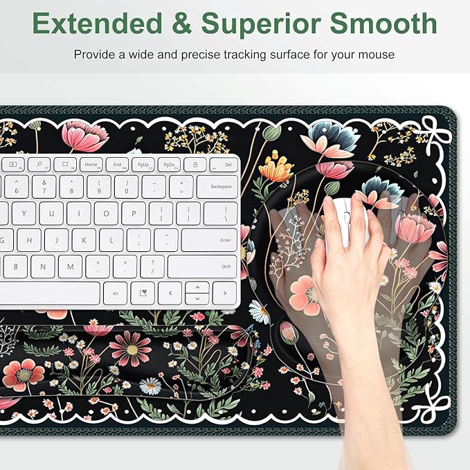 Flower Desk Mat 4in1 Large Mouse Pad with Wrist Rest Desk Matt for Desktop Desk Pad Mat Anti-Slip XXL Computer Ergonomic Mousepad with Wrist Support for Keyboard and Mouse I Black Florals Weeds