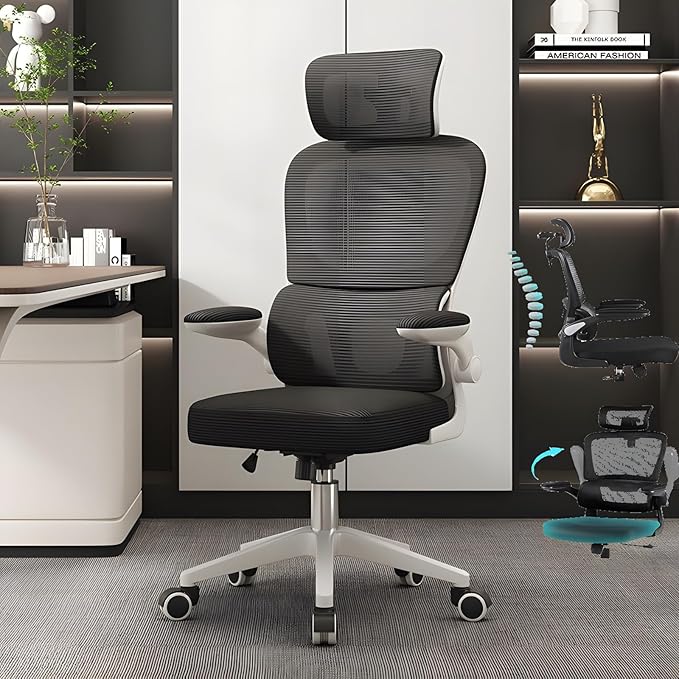 Ergonomic Office Desk Chair330 LBS Home Mesh Office Desk ChairsLumbar Support Computer Chair with Flip-up ArmsHigh Back Office Chair for Long Hours Office Chair for Study and WorkWhite+bl