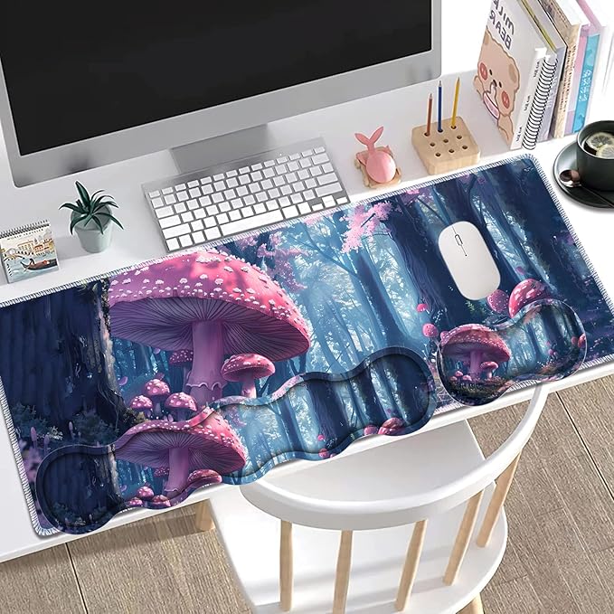 Large Gaming Mouse Pad + Keyboard Wrist Rest + Wrist Support + Coaster Set Memory Foam Ergonomic for Easy Typing XXL Extended Gaming Mouse Pad Table Pad - Mushroom Forest