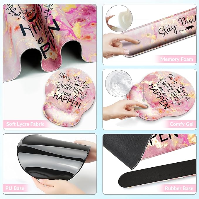 Desk Mat Set + Keyboard and Mouse Pad with Wrist Rest Support4-in-1 Large Mousepad Computer Mats for Desktop Home &amp Office-Pink Positive