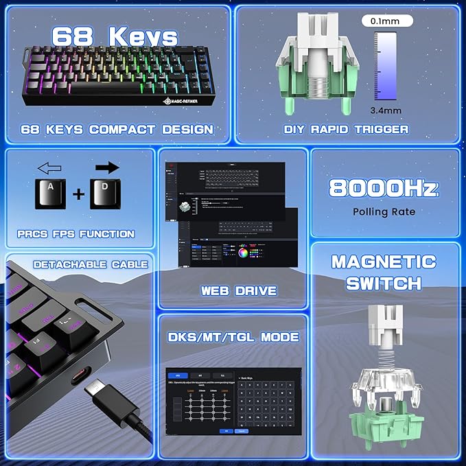 MAGIC-REFINER X68 HE Wired 60% Hall Effect Rapid Trigger Mechanical RGB Gaming Keyboard with 8K Polling0.04mm RT AccuracyMagnetic SwitchAdjustable ActuationSnap Tap for PC Mac Esport Gamer (Black)