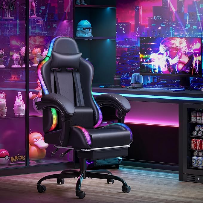 Homall Gaming Chair Video Game Chair with Footrest and Massage Lumbar Support Ergonomic Computer Chair Height Adjustable with Swivel Seat and Headrest (RGB Dark Black)