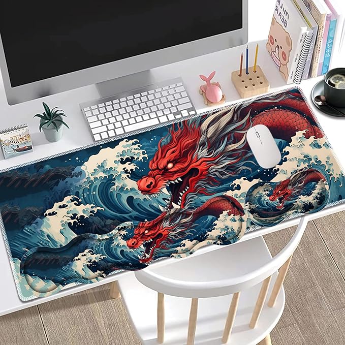 Large Gaming Mouse Pad + Keyboard Wrist Rest + Wrist Support + Coaster Set Memory Foam Ergonomic for Easy Typing XXL Extended Gaming Mouse Pad Table Pad - Sea Wave Red Dragon