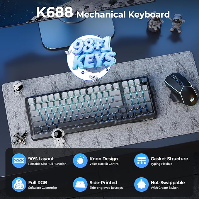 Redragon Wireless Mechanical Keyboard with KnobGasket StructureTri-Mode BT5.0/USB-C/2.4GHz Hot Swappable KeyboardCreamy SoundRGB Backlit PBT Keycaps Computer Gaming KeyboardsK688SP