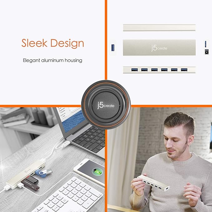 j5create USB Type-C to 7-Port USB 3.0 Data Hub with 3 ft Extended Cale [20W Power Adapter Included] for Mac MacBook Windows Laptop Surface XPS Chromebook PC (JCH377)