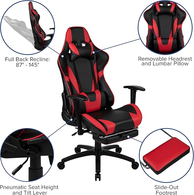 BizChair Black Gaming Desk and Red/Black Footrest Reclining Gaming Chair Set with Cup Holder Headphone Hook &amp 2 Wire Management Holes