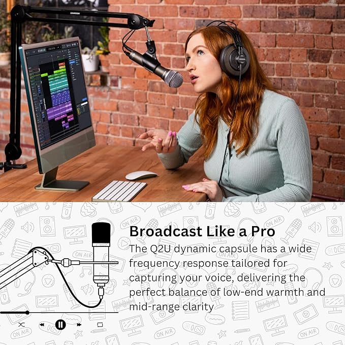SAMSON Q2U Black Handheld Dynamic USB Microphone Bundle with Pop Filter and Closed Back Over-Ear Headphones (3 Items)