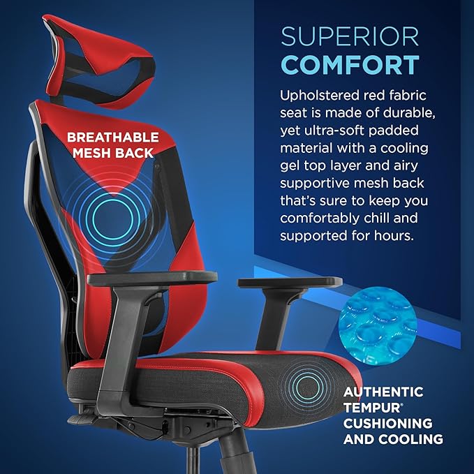Tempur-Pedic Blaze Auto-Adaptive Ergonomic Gaming Chair with Lumbar Support and 3D Armrest Adjustment Cooling Racing Style Gaming Chair Red