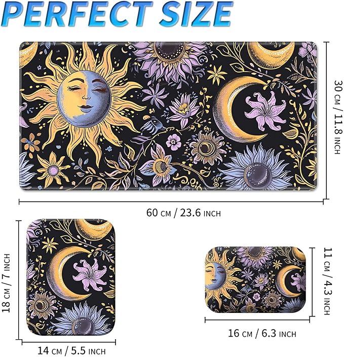 Wrist Rest Pad Small Mouse Pad and Office Desk Mat Set 3 in 1 Desk Pad 11.8 x 23.6+Mousepad +Mouse Wrist Rest with Ergonomic Design Non-Slip for Home Gaming Computer Purple Flower Sun