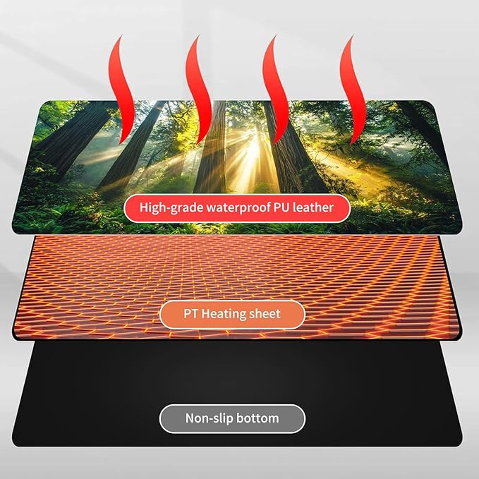 Heated Mouse Pad Hand Warmer Warm Desk Pad Mousepad Desk Mat with 3 Levels Heating and Auto Shut Down 31.5 x 13 inch PU Leather Warmer Keyboard Mat for Gaming Office Home Forest Tree Sunshine