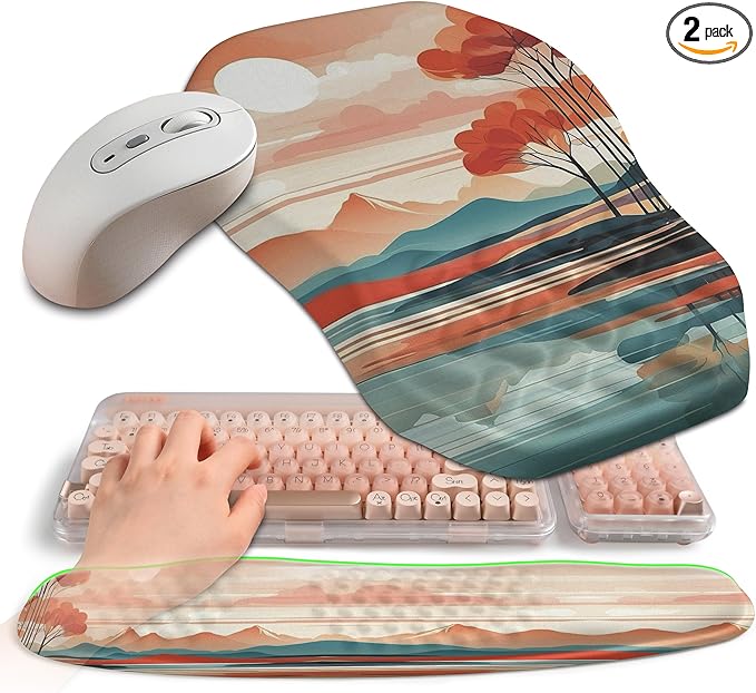 2-in-1 Ergonomic Set Wave Keyboard Wrist Rest and Massage Slope Mouse Pad Wrist Support Rebound Memory Foam for Relieve Carpal Tunnel Syndrome and Wrist Pain (Landscape)