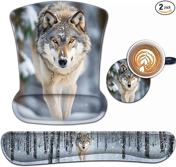 Keyboard Wrist Rest and Mouse Pad Wrist Support Set Ergonomic Gel Mouse Pad Wrist Rest with Non-Slip Base for Home Office Desk Pad Easy Typing Wolf in Snowy Forest Pattern Gaming Mouse Mat