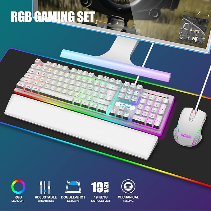 RedThunder K10 Wired Gaming Keyboard and Mouse and Wrist Rest Combo RGB Backlit Mechanical Feel Anti-ghosting Keyboard + 7D 7200 DPI Mice+Soft Leather Wrist Rest 3 in 1 PC Gamer Accessories(White)