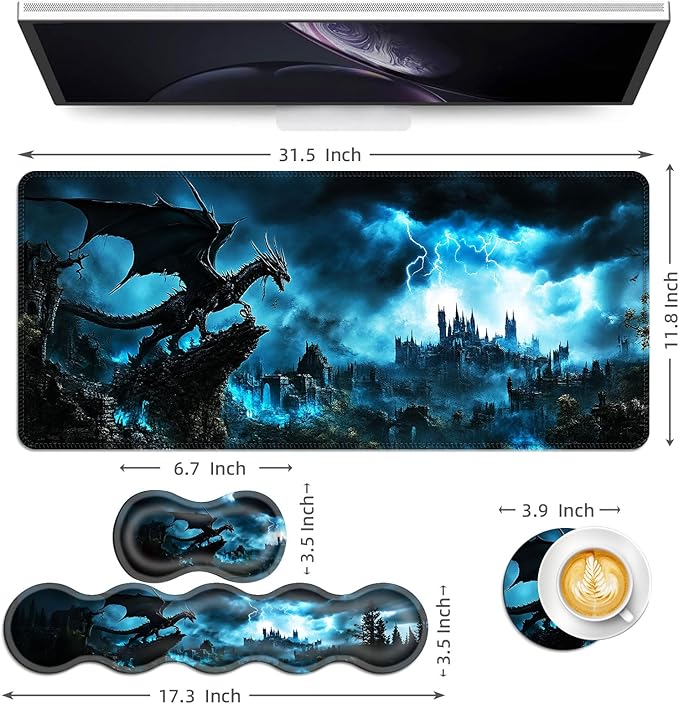Keyboard Mouse Pad Set Extended Gaming Mouse Pad+Ergonomics Keyboard Wrist Rest Support Memory Foam Easy Typing Pain Relief 4Pcs XL Ultra Thick Desk MatDragon and Castle Stormy Sky