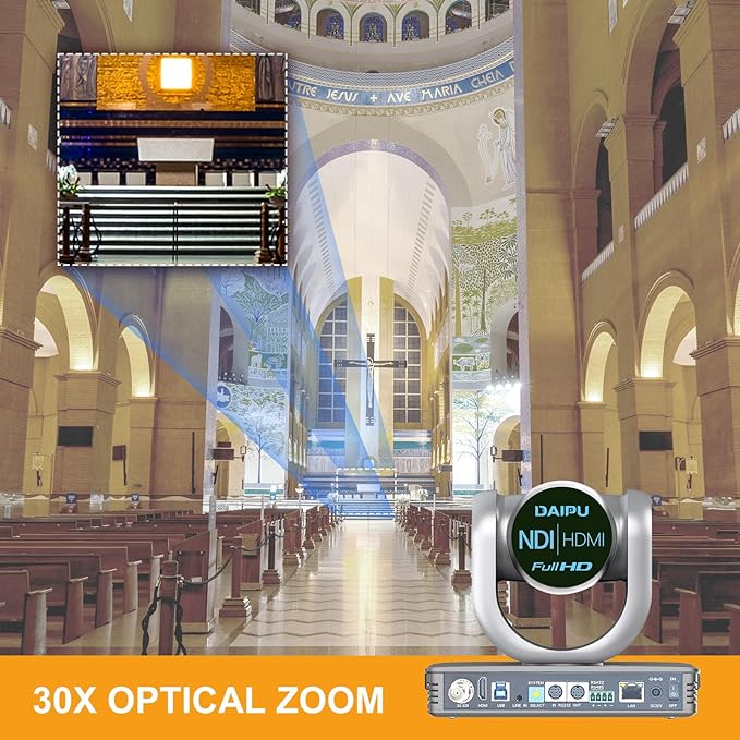 NDI PTZ Camera 30X Optical Zoom 1080P60 HDMI USB3.0 SDI LAN PoE AI Auto Tracking Conference Room Camera 1/2.8CMOS Sensor 255 Presets for Church Worship Live Streaming Business Video Conference