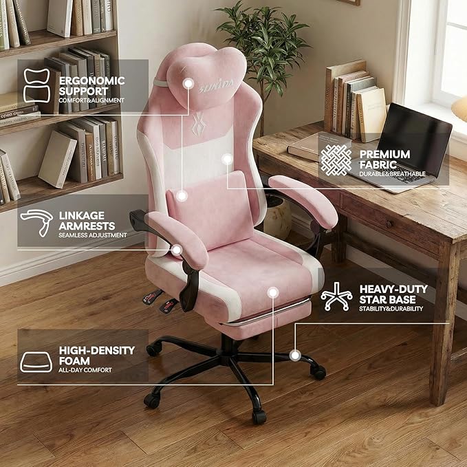SUKIDA Ergonomic Gaming Chair — Premium Computer Video Gaming Chair with Massage Lumbar Support Adjustable Headrest &amp Footrest Plush Chenille Fabric for Office and Home UsePink