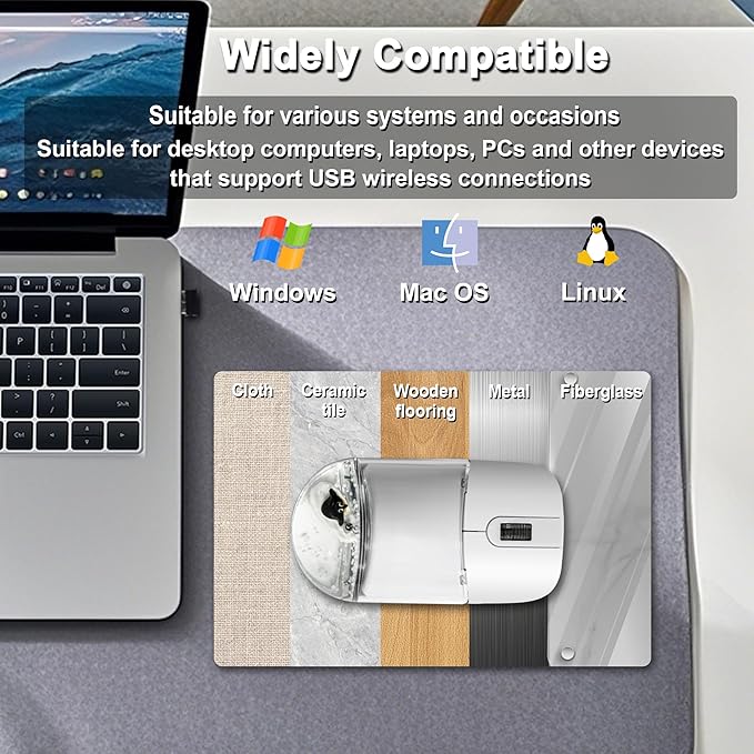 Wireless Mouse with Liquid Water Section &amp Floater Animal Portable Retro Silent Cute Aqua Mouse with USB Receiver Lightweight 1000DPI Optical Clear Water Mice for Laptop PC Computer (White Pengui