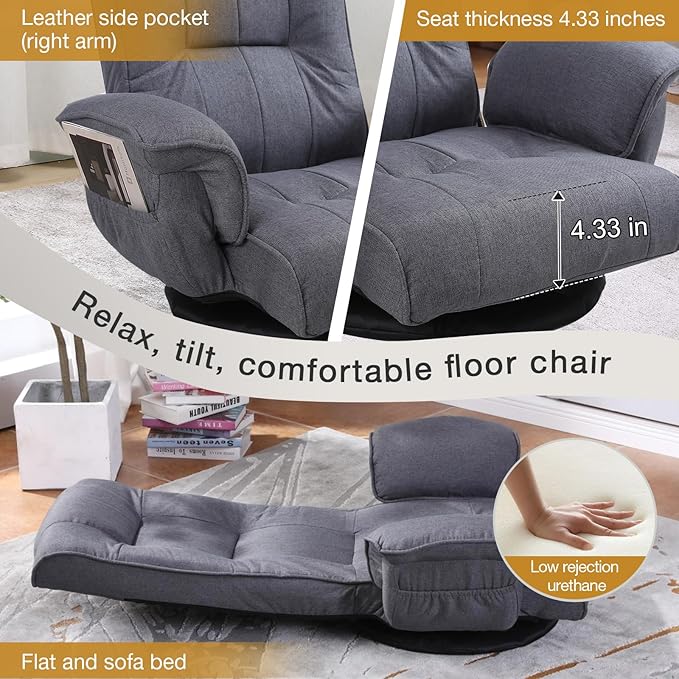 Ergonomic Swivel Floor Gaming Chair with Armrests &amp Side Pockets 6-Position Reclining Sofa Bed Foldable Padded Lounger with Thick Cushion &amp Lumbar Support for Esports Reading TV Watching (