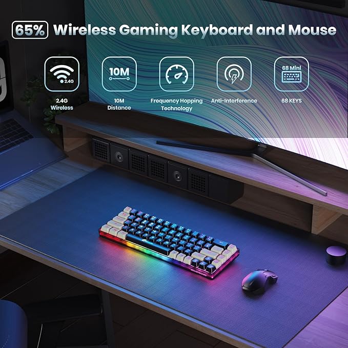 65% Wireless Gaming Keyboard: LED Backlit 68 Keys Ultra-Compact Anti-ghosting No-Conflict Wireless Keyboard for PC Laptop Windows Gamer(Black-White)