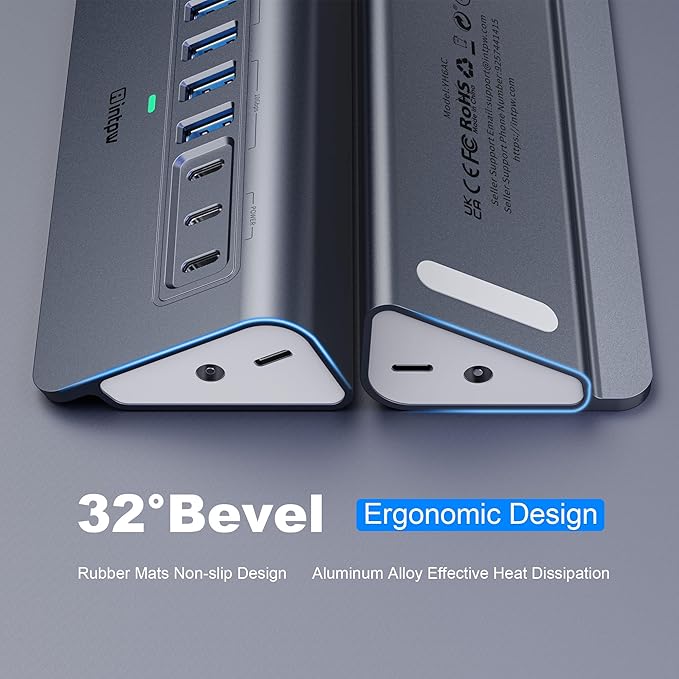 Powered USB Hub 10Gbps intpw YH6AC 9-Port USB Splitter with USB A/USB C 3.2 4 USB 3.0 2 PD 45W Charging Ports 65W Power Adapter + 3.3FT Cable Aluminum USB Extender Hub for Laptop PCiPhone 17/16