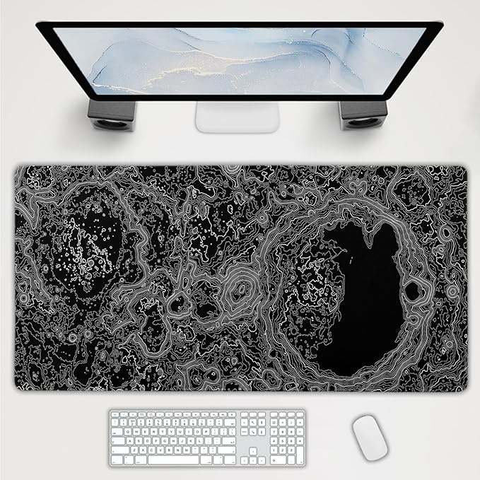 Black Whtie Topographic Gaming Mouse Pad 3XL Topo Moon Relief Map Extended Large Mat Mousepad Desk Pad Non-Slip Rubber Base Stitched Edge Long Mousepad for Desktop Office Desk 47.2x23.6 in120x60cm