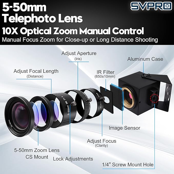 SVPRO 4K Streaming Webcam with 5-50mm Zoom Lens USB &amp HDMI Dual Ouput10X Optical Zoom Manual Focus Camera H.264 Computer Vision Industrial Security Camera for PC/Monitor/TV/Projector