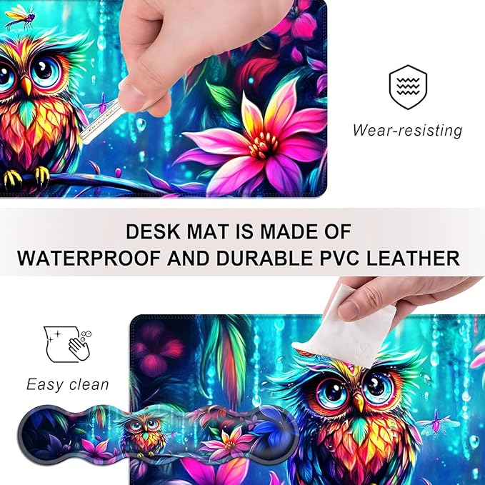 Mouse PadLarge Desk Mat Set 4in1 XL Mousepad + Keyboard Wrist Rest+Mouse Wrist Rest+Coaster with Ergonomic Desk Pad for Home Office Table Computer Cover -Owl Flowers Dragonflies