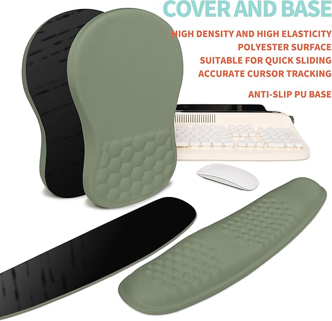 2-in-1 Ergonomic Set Wave Rise Keyboard Wrist Rest and Massage Bulge Slope Mouse Pad Wrist Support Cushion Memory Foam Integrated to Relieve Wrist Pain Olive Green