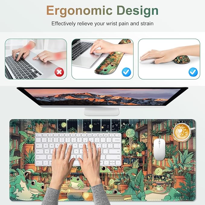 Large Gaming Mouse Pad Set 4 in 1 Ergonomics Keyboard Desk Mat with Memory Foam Wrist Rest Computer PC Extended Game Mousepad Non-Slip Desk Matt Easy Typing Pain Relief I Frog &amp Mushroom