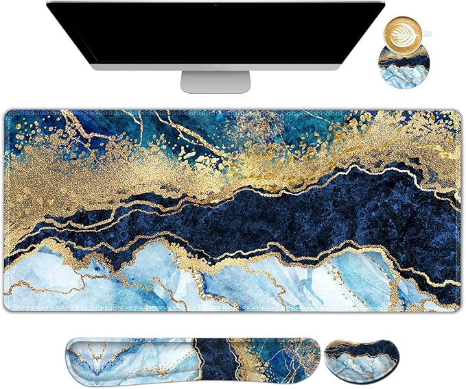 ARTSO Large Gaming Mouse Pad Keyboard Wrist Rest Pad &amp Wrist Support Mousepad Set Stitched Edge Extended Non-Slip Base Memory FoamMultifunctional Desk Mat 4pcs for Office &amp Home Blue Ma