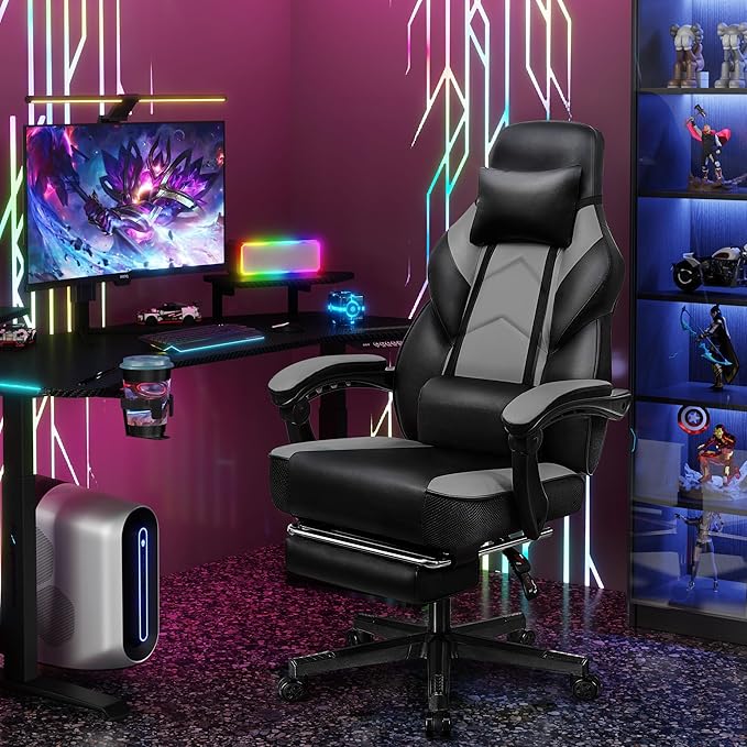 Meilocar Gaming Chair for Adult Computer Chair with Footrest Video Game Chair Big and Tall Gaming Chair with Massage Lumbar Support Adjustable Height and 360° Swivel Seat(Grey)